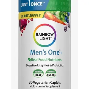 Rainbow Light Mens Multivitamin One + | 30 Caplets | Real Food Nutrients, Digestive Enzymes & Probiotics