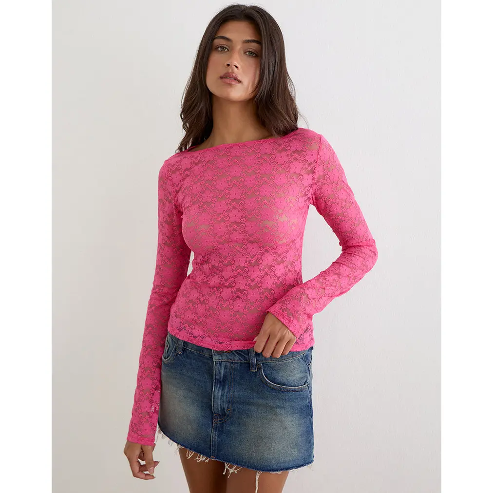 Amabon Long Sleeve Top in Lace Hot Pink