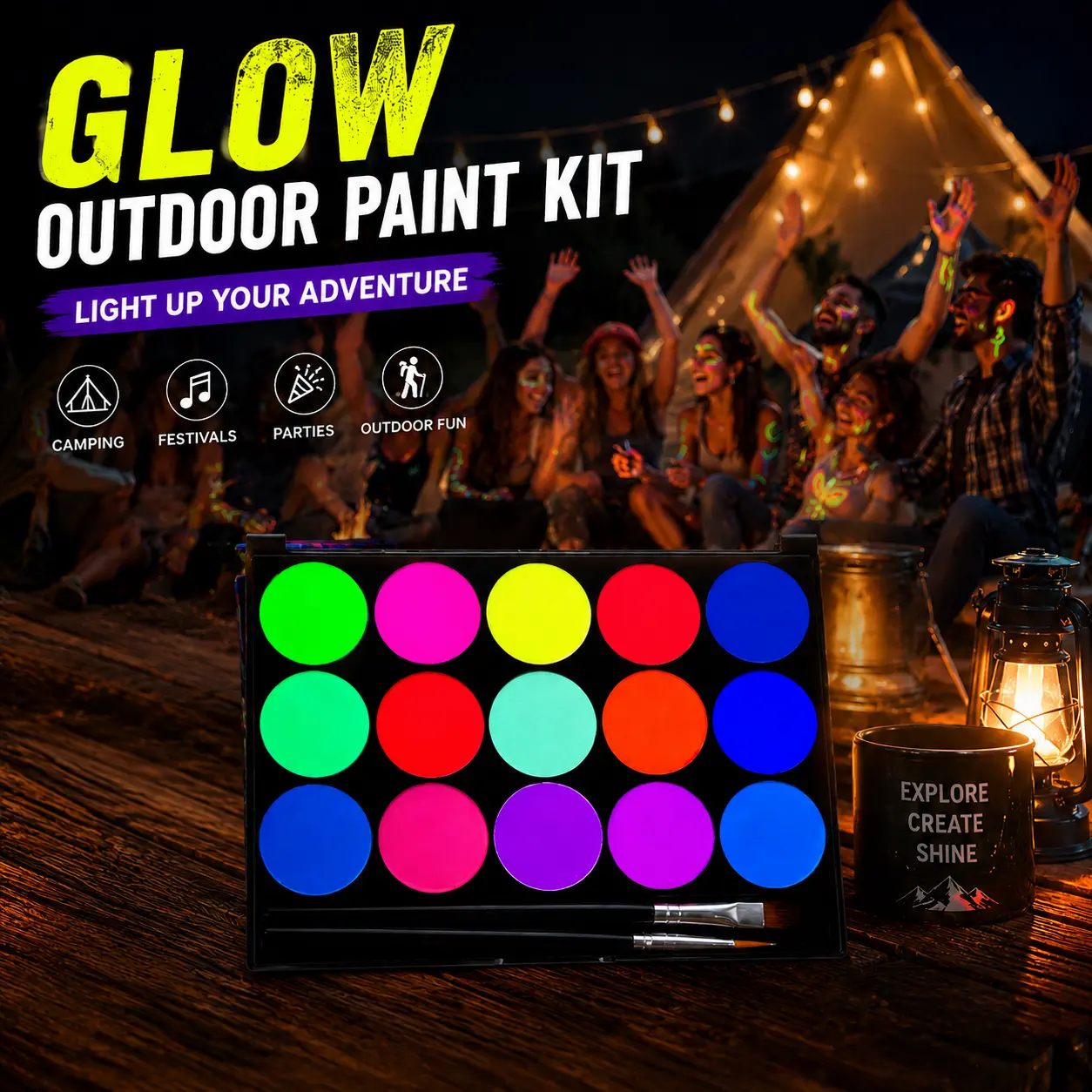 UV Glow Color Set, Neon Fluorescent Water Activated Colors, Blacklight Reactive Washable Kit for Festivals, Raves, Halloween, Parties and Outdoor Events