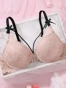 Women's Lace Push-Up Bra with  Underwire Adjustable Straps, Comfortable Breathable Design, Floral Bow Decor, Perfect for Everyday Wear Special Occasions Dates Bridal Valentine's Day Gift