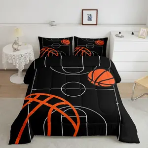Basketball Designer Comforter Set,Basketball Court Comforter,Gaming Sports Microfiber Luxury Bedding Set,Breathable Sports Theme Black Duvet Set