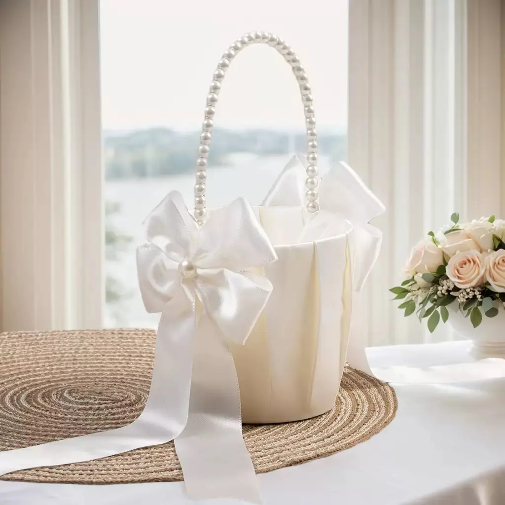 Wedding Flower Basket, Lace Wedding Basket, Cute Pearl Handle Bowknot, Satin Ribbon Design, Ivory, Decorative Basket