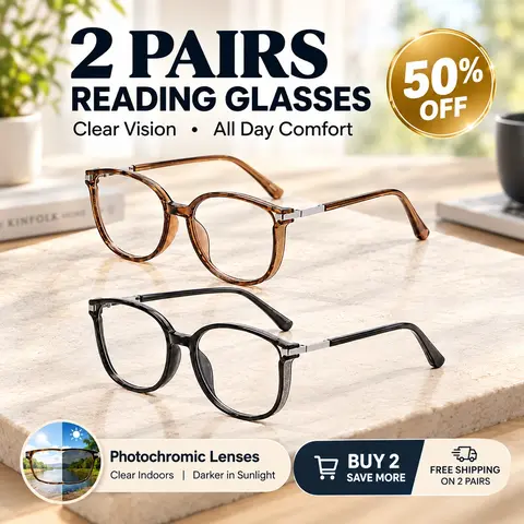 Unisex Photochromic Reading Glasses - Lightweight Full Rim Plastic-Zinc Alloy Metal Frames, PC Anti-Blue Light Eye-Safe Non-Prescription Lenses, Close-Up Focus, Eyeglasses for Phone and Gaming, Fashion Glasses with Decorative Accents
