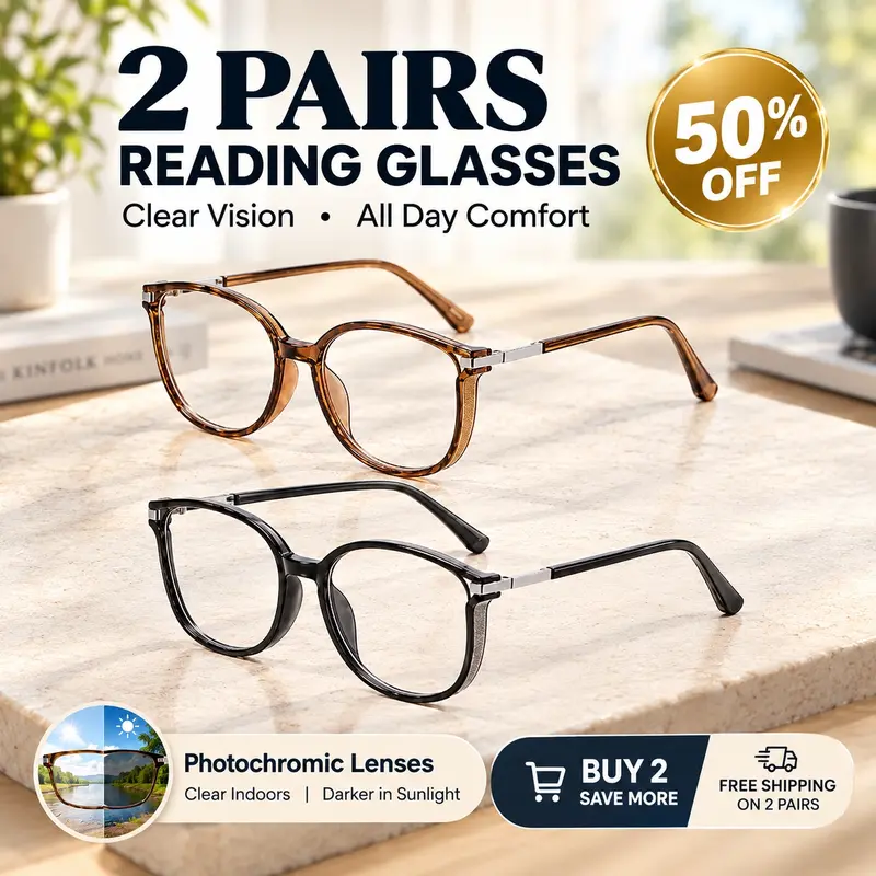 Unisex Photochromic Reading Glasses - Lightweight Full Rim Plastic-Zinc Alloy Metal Frames, PC Anti-Blue Light Eye-Safe Non-Prescription Lenses, Close-Up Focus, Eyeglasses for Phone and Gaming, Fashion Glasses with Decorative Accents