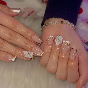 10-Piece Short Square Shaped Handmade Press On Nails, Chic Nude Pink French Style With Leopard Print, 3D Flower And Gold Bead Decor, Nude Pink Full Cover False Nails For Daily Wear, Party, Dating, Women And Girls Manicure