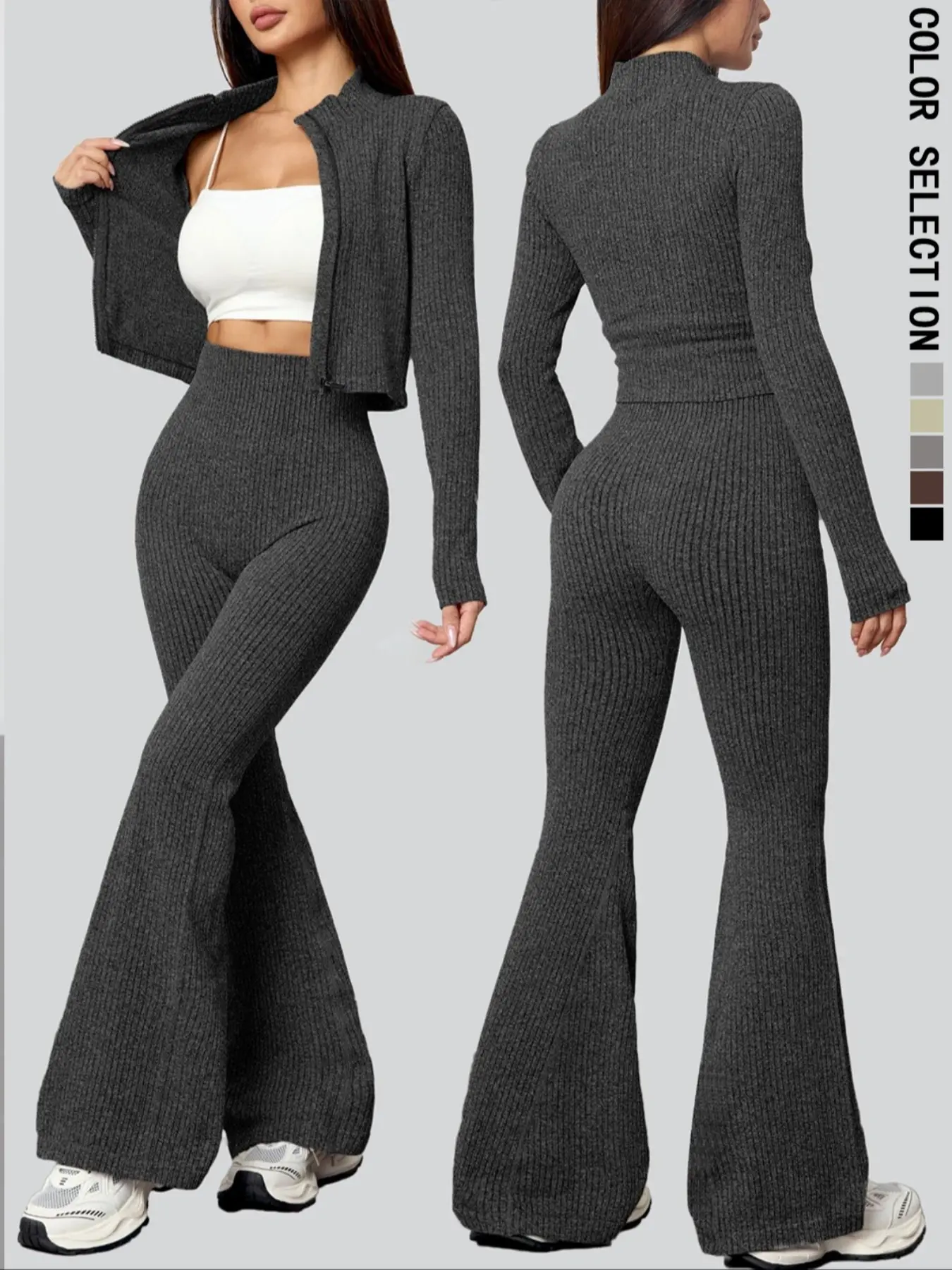 Women's Sporty Zip-Up Top Set, Slim Fit Elasticity, Casual Fitness Wear, Athleisure Wear Set, Fall & Winter Women's Sports Clothing, Long 2-Piece Set, Sweatsuit Sets, Sportswear Set, Workout Sets, Athleisure Activewear Set