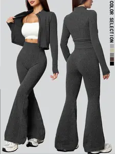 Women's Sporty Zip-Up Top Set, Slim Fit Elasticity, Casual Fitness Wear, Athleisure Wear Set, Fall & Winter Women's Sports Clothing, Long 2-Piece Set, Sweatsuit Sets