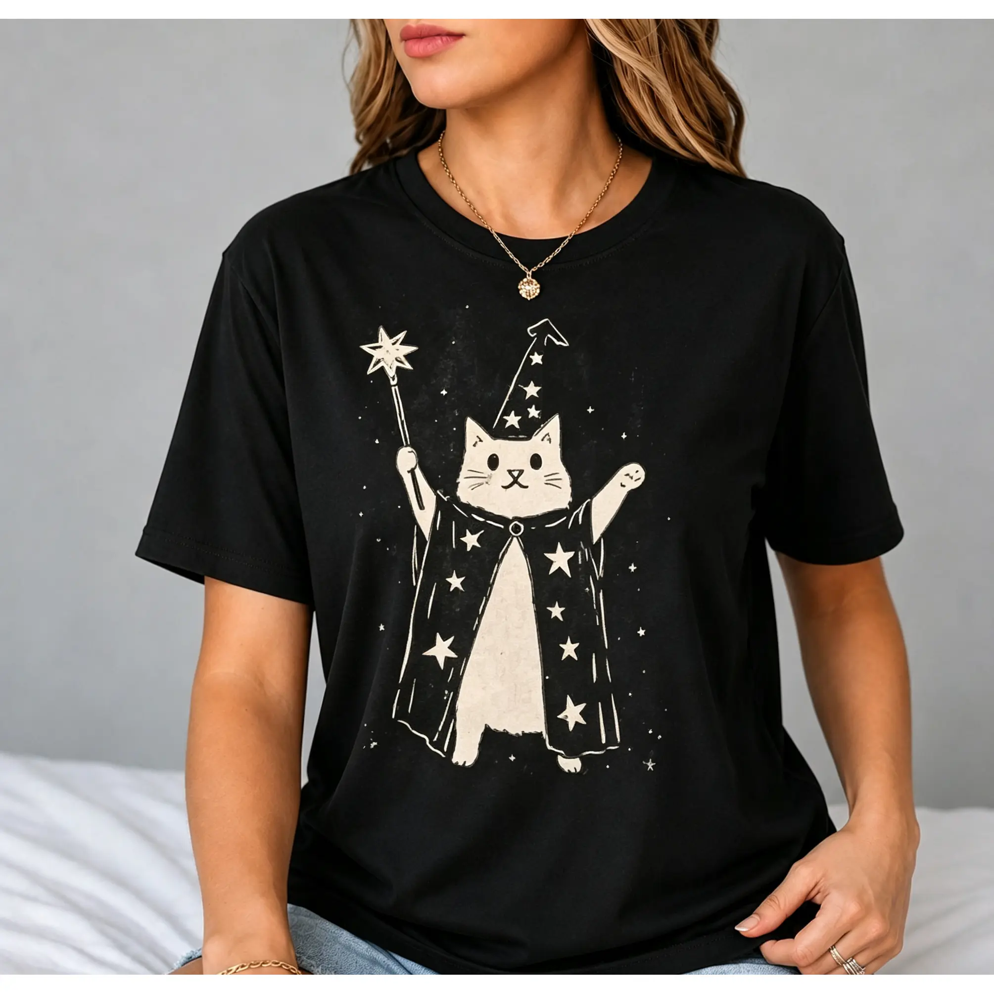Wizard Cat with Star Wand  T-Shirt for Women and Men's Unisex Fit Batik Cotton Oversize Streetwear Menswear  Super Soft Pre-Shrunk