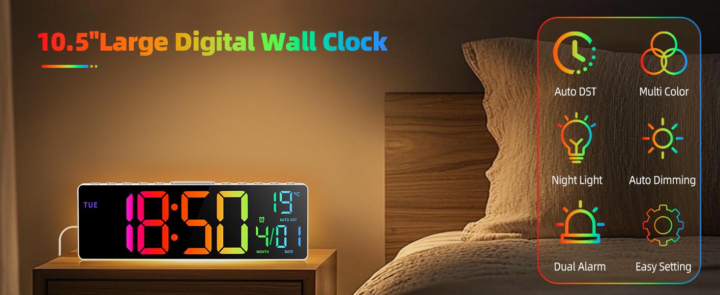 10.1" LED Digital Alarm Clock with RGB Display, Date and Temperature, Countdown Timer, Auto Dimming Wall Clock for Bedroom Living Room Office  Decor