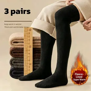 3 Pairs Men's Thick Over-the-Knee Winter Socks, Fleece-Lined Warm Long Tube Socks, Knee Protection for Elderly, Fall & Winter, Solid Colors (Black, Gray, Coffee)