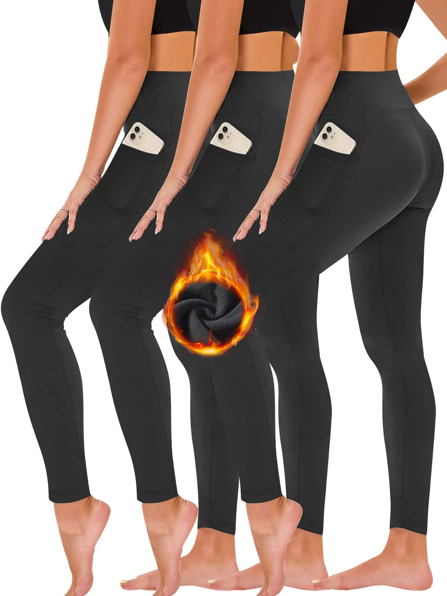 3PCS Fleece Lined High Waist Thermal Leggings | Tummy Control Compression Yoga Pants with Pockets, Soft Warm Winter Gym Casual Bottoms