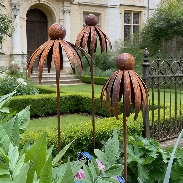 3pcs Rusty Flower Iron Art Garden Outdoor Statue- Rustic Brown Outdoor Decoration, Sturdy Ground Sitting Flower Tower With Leaf-shaped Top And Spherical Beige Cap, Durable Metal Plant For Flower Pots, Balconies, Patios, Lawns- Ideal Gift For Women