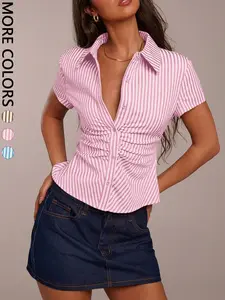 Women's Short Sleeve Shirt, Casual Notched Neck, Buttoned Collared, Striped Irregular Pleated Fashion, Slim Fit, Casual Wear, Stylish and Versatile Top