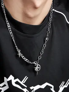 Men's Street Style Moon & Star Design Pendant Necklace, Trendy Hip Hop Pendant Necklace, Chic All-match Goth Jewelry, Modern Versatile Accessories As Gift for Boyfriend
