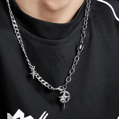 Men's Street Style Moon & Star Design Pendant Necklace, Cuban Link Chain, Trendy Hip Hop Pendant Necklace, Chic All-match Goth Jewelry, Modern Versatile Accessories As Gift for Boyfriend, Fashion Necklace