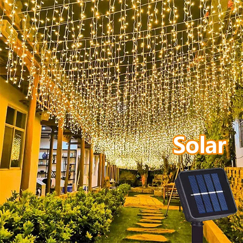 Solar Powered 96/162 LEDs Garland LED Curtain Icicle Lights Festoon Outdoor Garden Street LED Lamp for Eaves Christmas Decor Party Decoration Supplies