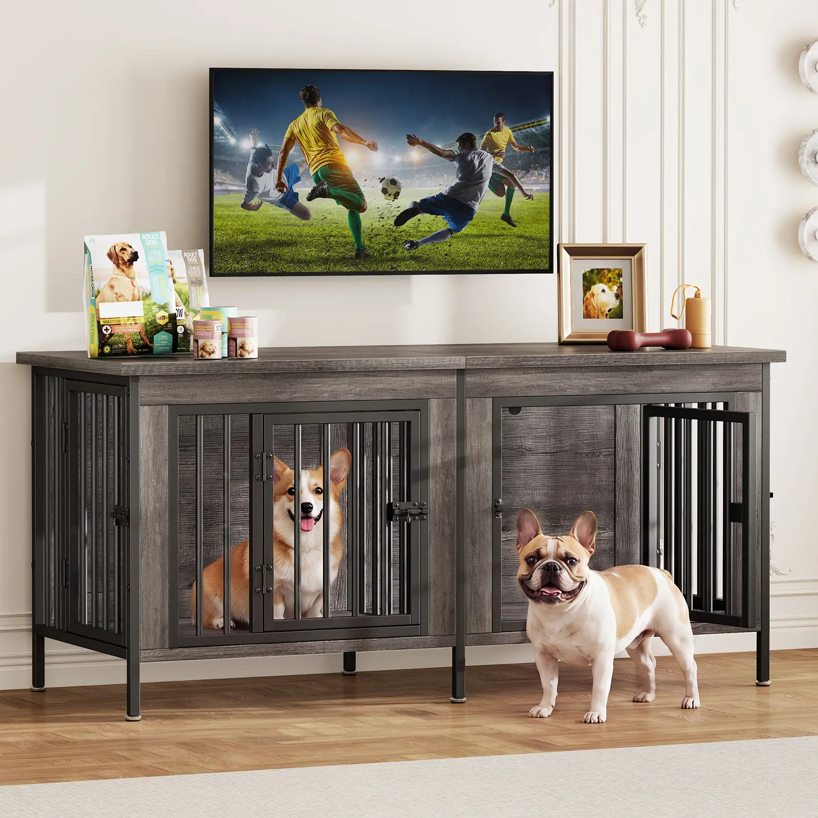 Double Compartment Dog Crate Furniture - Heavy-Duty 10mm Thick Metal Bar Kennel End Table with 3.5" Raised Clearance, Anti-Scratch Adjustable ft, Secure Latch Locks for Small to Medium Dogs