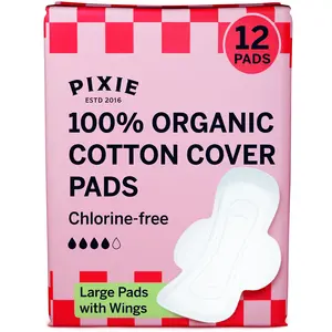 Pixie Organic Cotton Ultra Thin Large Pads for Women - Extra Heavy Absorbency with Wings - Leak-Proof, Hypoallergenic & Unscented for Feminine Care - Compostable, Biodegradable - 12 Count