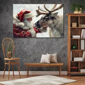 1pc Wood Frame Santa Petting Reindeer Poster Canvas Painting Wall Art Modern Home Bedroom Office Aesthetic Decor - Stretched and Framed, Ready to Hang - Framed