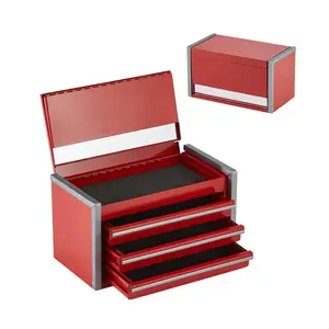 Metal Tool Box,8.6-inch, Portable Metal Tool Box with 3 Drawers, Small Tool Chest with EVA Liners and PP Feet Pads, Heavy-Duty Steel With Ball Bearing Opening and Powder Coated Finish, Red