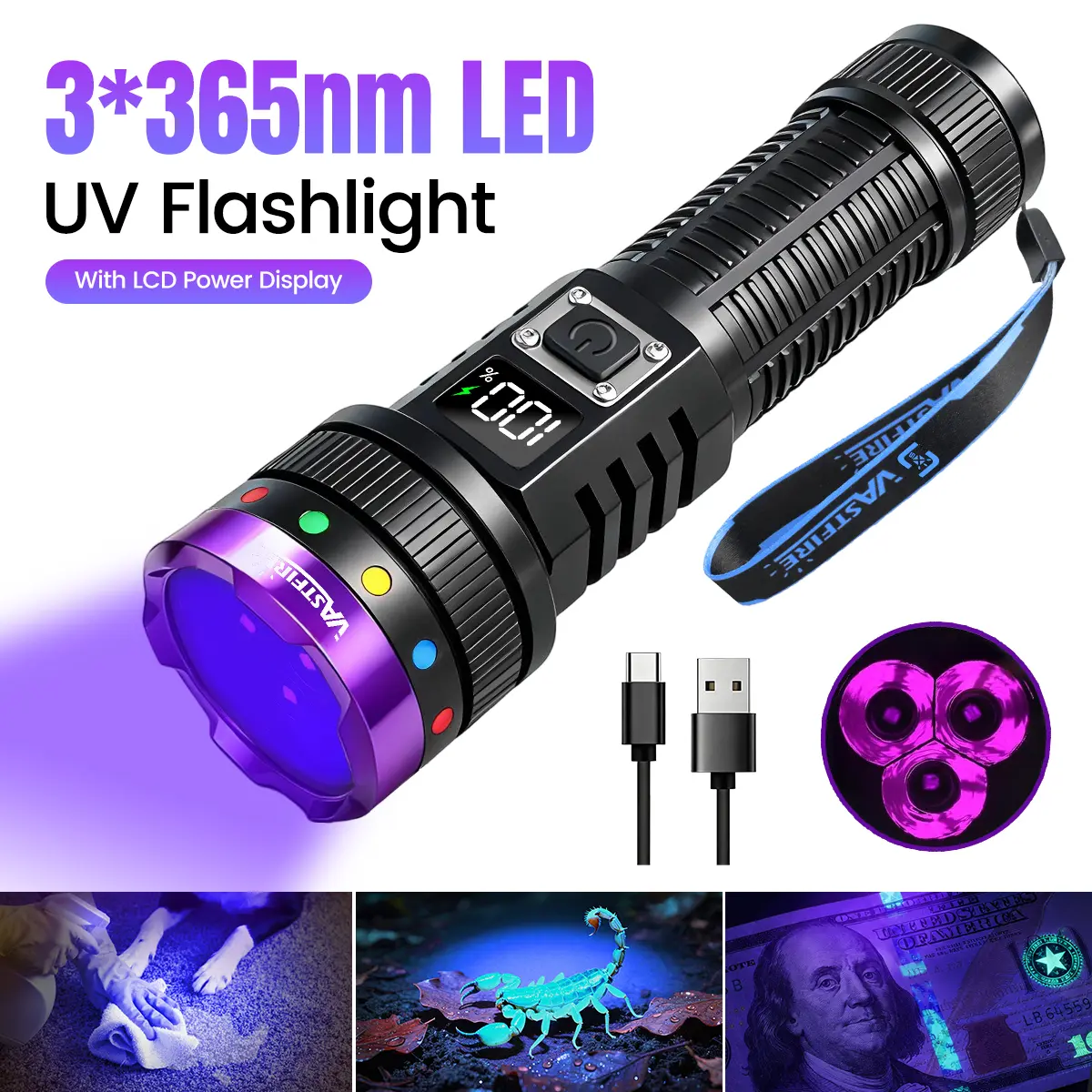 365nm UV Flashlight, 30W High Power Black Light Flashlight , LCD Digital Power Display, Rechargeable UV Blacklight Torch, USB Output, Waterproof for Deer Blood Tracking，Scorpion Hunting, Pet Urine, Currency, Resin Curing, Leak Detection
