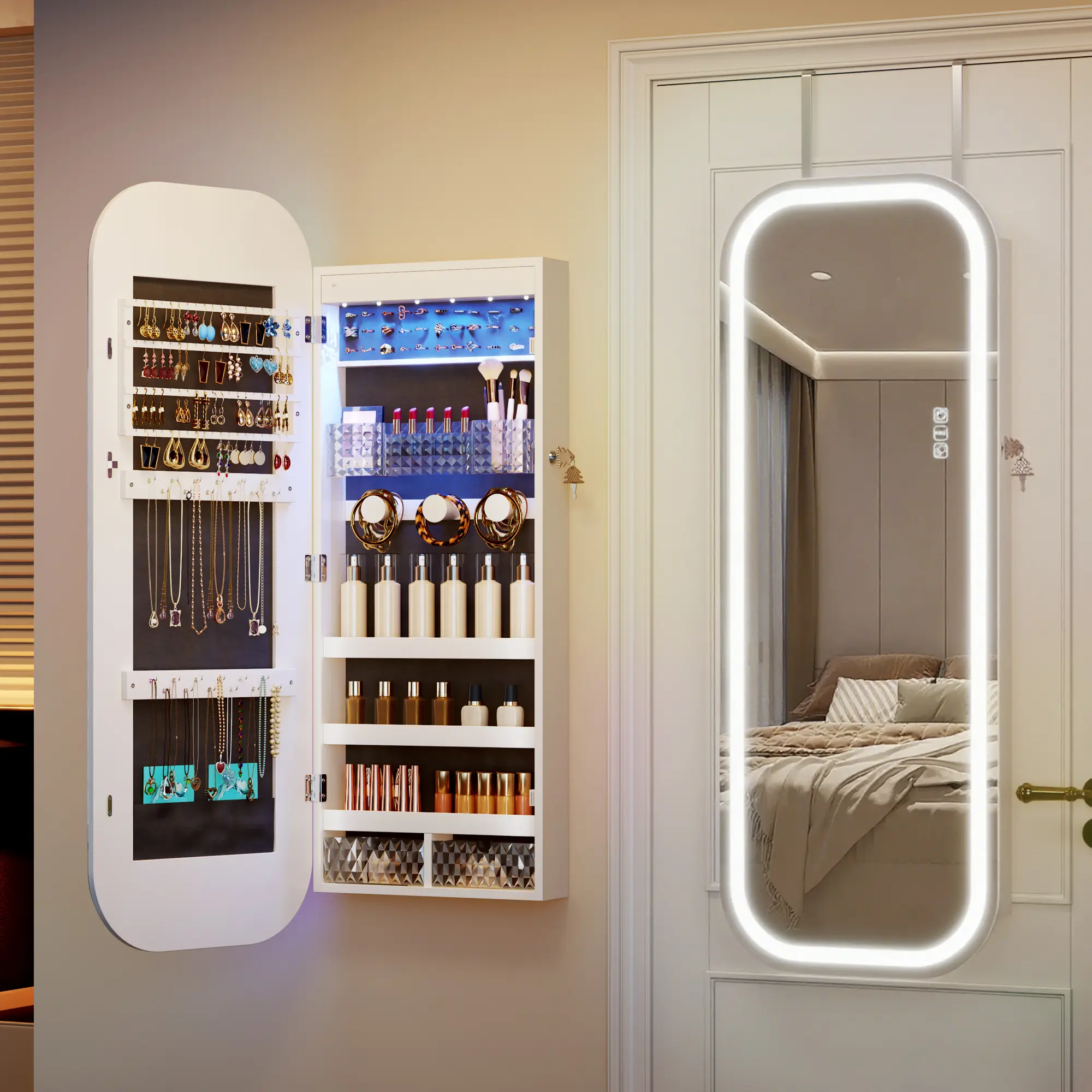 Miu Mirror Jewelry Cabinet, Wall Mount/Over the Door Jewelry Armoire Organizer, Rounded Mirror with Storage, Foldable Shelf, Lockable Jewelry Cabinet,  Interior Mirror