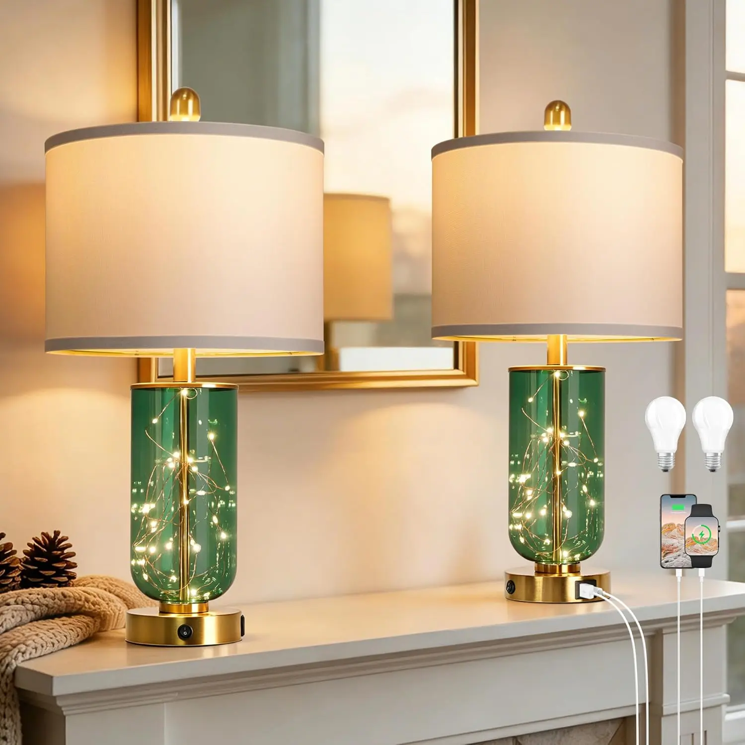 23" Modern Table Lamps for Living Room, Green Glass Lamp Set of 2 with Night Light and USB A+C Ports Bedside Lamp for Bedroom Nightstand (Bulbs Included)