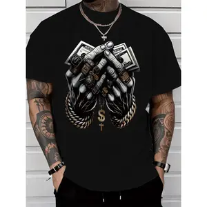 Men's Comfort-Fit Cotton Tee, Urban Streetwear T-Shirt Featuring Trendy Dollar & Rings, Heavyweight Crew Neck Graphic Shirt, Hip Hop Aesthetic Casual Top butchers rod wave boys merch good funny target bacon