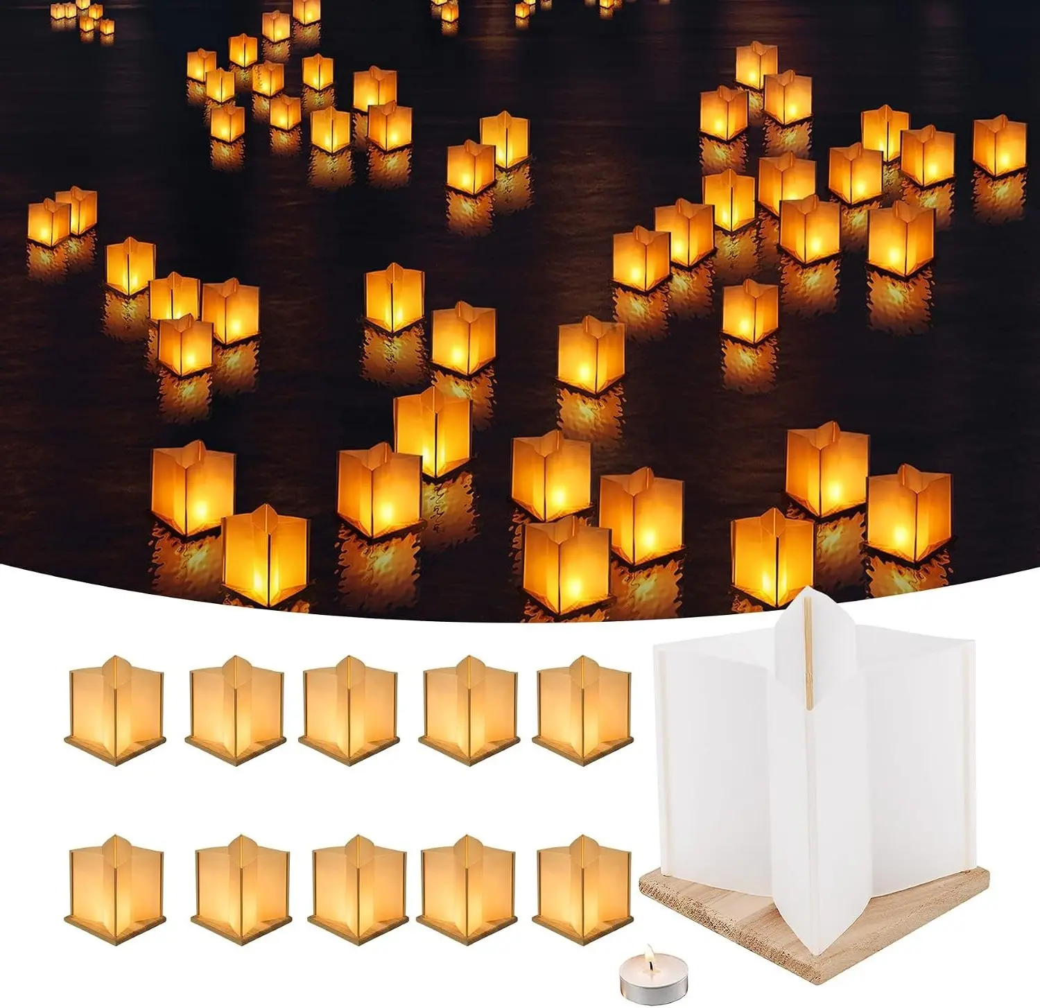 10Pack 6”Paper Floating Candle Lantern, Wooden Water Lanterns with Candles, Outdoor Patio Decor for Pool Parties, Weddings, Memorials, Garden