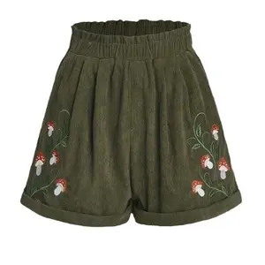 2025 Corduroy Mushroom Embroidered Elastic Waist Casual Shorts Womenswear Bottom Black Fitted