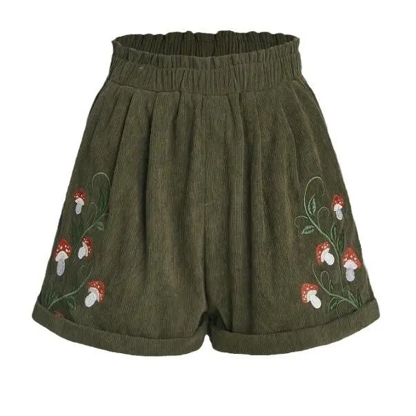2025 Corduroy Mushroom Embroidered Elastic Waist Casual Shorts Womenswear Bottom Black Fitted
