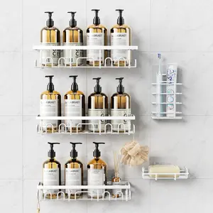 PKBD Shower Caddy 5 Pack Stainless Steel Anti-Rust Adhesive Organizer with Soap & Toothbrush Holders No Drilling for Bathroom Kitchen Home White