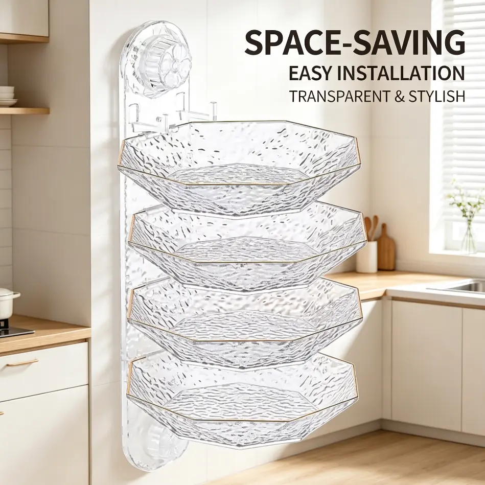 4-Tier Rotating Suction Cup Wall Shelf, No Drill Clear Bathroom & Kitchen Organizer, Glacier Pattern Stackable Storage Basket, Space-Saving Punch-Free Caddy