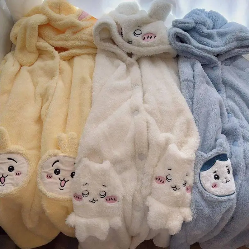 Lady's Kawaii Chiikawa Winter Hooded Nightgown - Cute Cartoon Hachiware Usagi Embroidery Thick Coral Velvet Pajamas, Home Supplies Clothes with Tops & B-Robe-Pants Loungewear