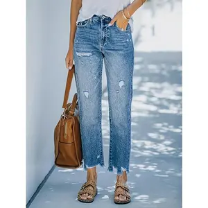 Women's comfortable straight-leg jeans-ripped casual cropped denim pants with slant pockets, casual style