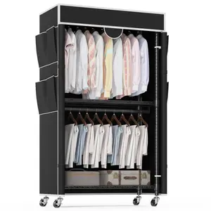 Heavy Duty Clothes Rack with Oxford Fabric Cover, Metal Garment Rack with 2 Hanging Rods, Closet Wardrobe with Wheels & Leveling Feet, Black/Gray Cover