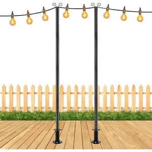 String Light Poles for Ground, 8FT Heavy Duty Adjustable Metal Poles for Outdoor String Light  with Flange Base, Backyard, Garden, Patio, for Party (2 Pcs)