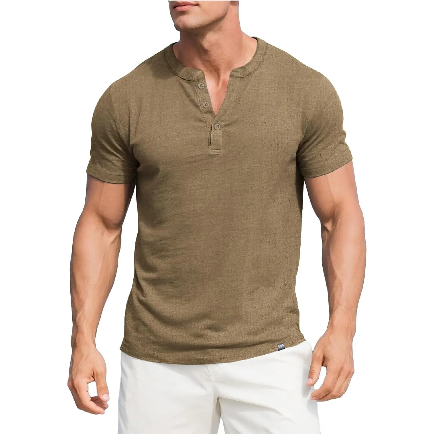 Men's Henley T-Shirts - Short Sleeve Button Neck Fitted Triblend Cotton Spandex Menswear Shirts, Casual Streetwear in Army Green & Brown