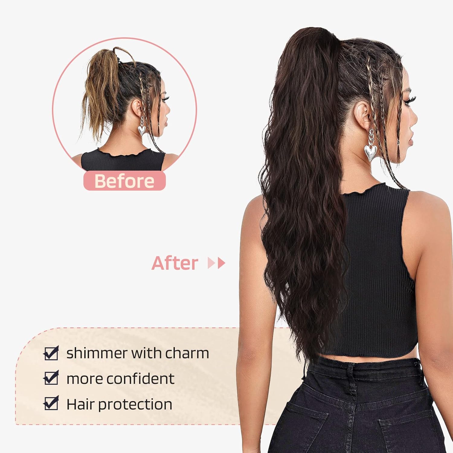Ponytail Extensions 26 Inch Drawstring Long Curly Wavy Synthetic Hairpiece for Women Natural Wavy Hair Accessory