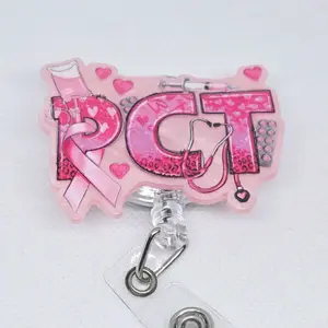 PCT Patient Care Tech Pink Pearl Acrylic Retractable Badge ID Reel Belt or Alligator Clip Available for Healthcare Workers identification supply id badge hospital worker