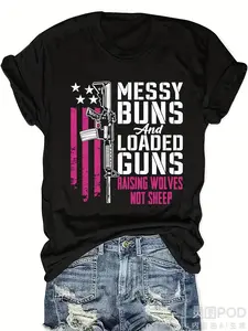 Men's & Women's Retro "Raising Wolves Not Sheep" T-Shirt - American Flag Rifle & Gun Graphic, Bold Pink/White Statement Tee, 220GSM Pure Cotton Crew Neck Short Sleeve Top for self- & community defense (Same Style for both genders)