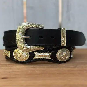 Black Concho Western Belt Made with Genuine Leather and Alpaca Metal Conchos