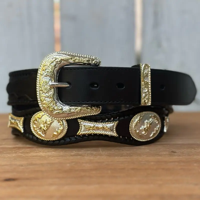 Black Concho Western Belt Made with Genuine Leather and Alpaca Metal Conchos