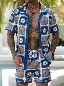 Men's Knit Jacquard Textured Shirt and Shorts Set, Summer Casual Short Sleeve Design for Beach Vacations, Perfect Bohemian Retro Style Gift