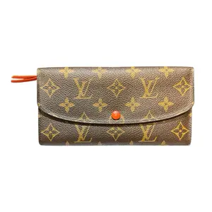 Pre-owned Louis Vuitton canvas Small Leather Goods Emilie Wallet Brown Monogram and Tangerine Snap Button and Trim Accents.