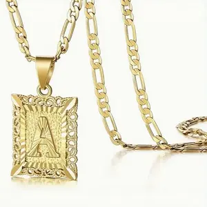 14K Gold Plated Initial Letter [A-Z] Tag Pendant Necklace, Figaro Chain Personalized Jewelry for Women,summervibes