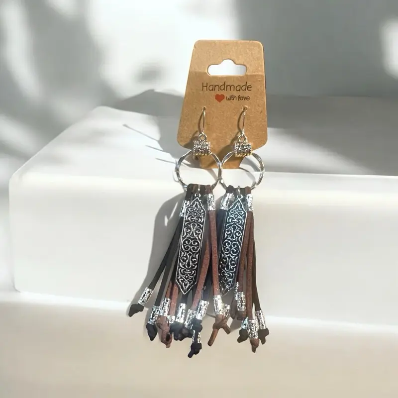 Handmade Black and Leather Tassel Earrings with Silver Decorative Beads, One of a Kind Design