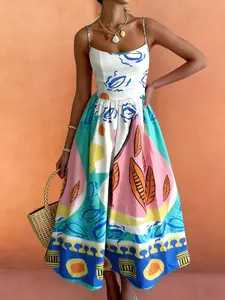 Sea Starshine Spring/summer Sleeveless Slip Dress, Casual Elegant Bohemian Chic Resort-Style, Fun Graffiti Print, Loose-Fitting, Women's Clothing