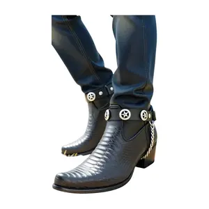 New Men Biker Fashion Boot Bracelets Black Faux Leather Straps Silver Metal Chain Texas Star Pair