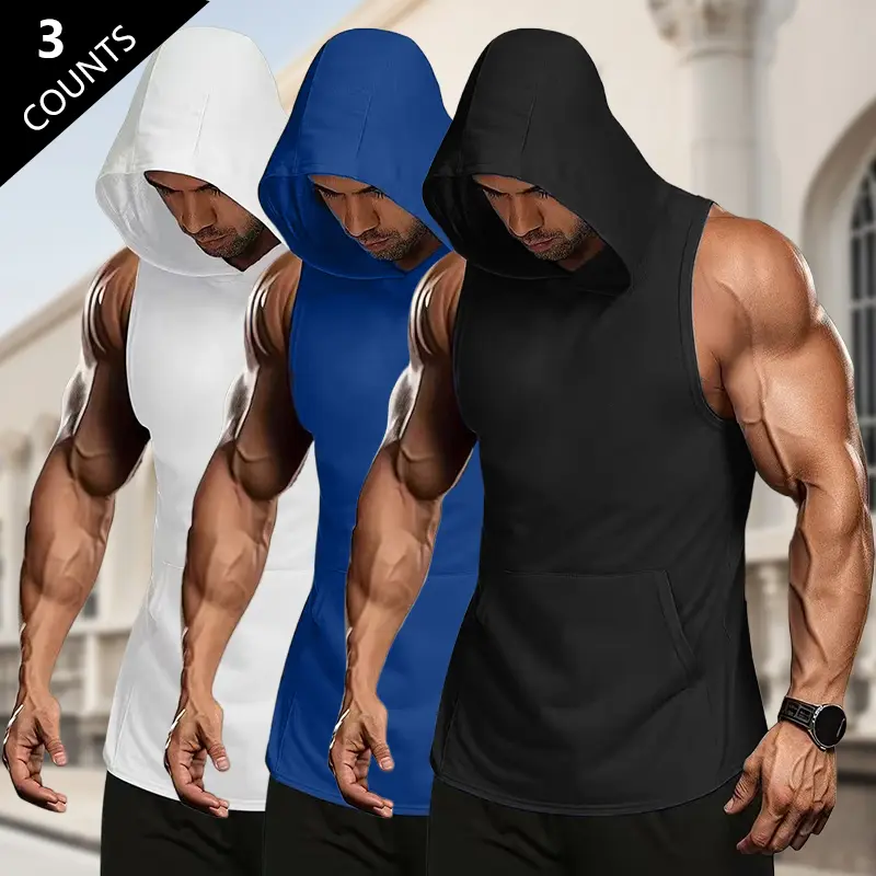 Men's 3-Pack Sports & Casual Hooded Tank Top - Lightweight Fitted Polyester, Breezy Short Sleeves, Kangaroo Pocket, Slight Stretch Regular Fit, Machine Washable Pullover for Spring/Summer Running, Hiking, Outdoor Activity, Sporty Style, Male